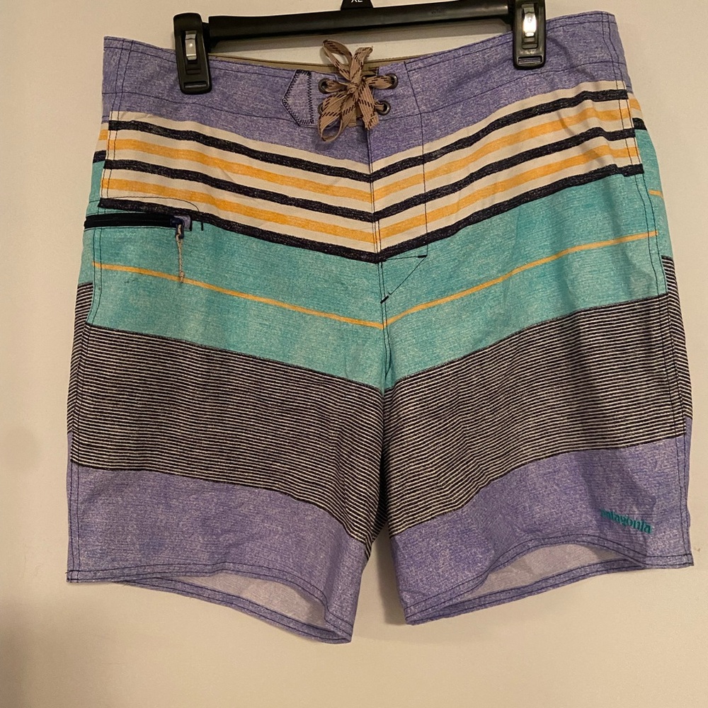 Patagonia Purple and Teal Striped Board Shorts